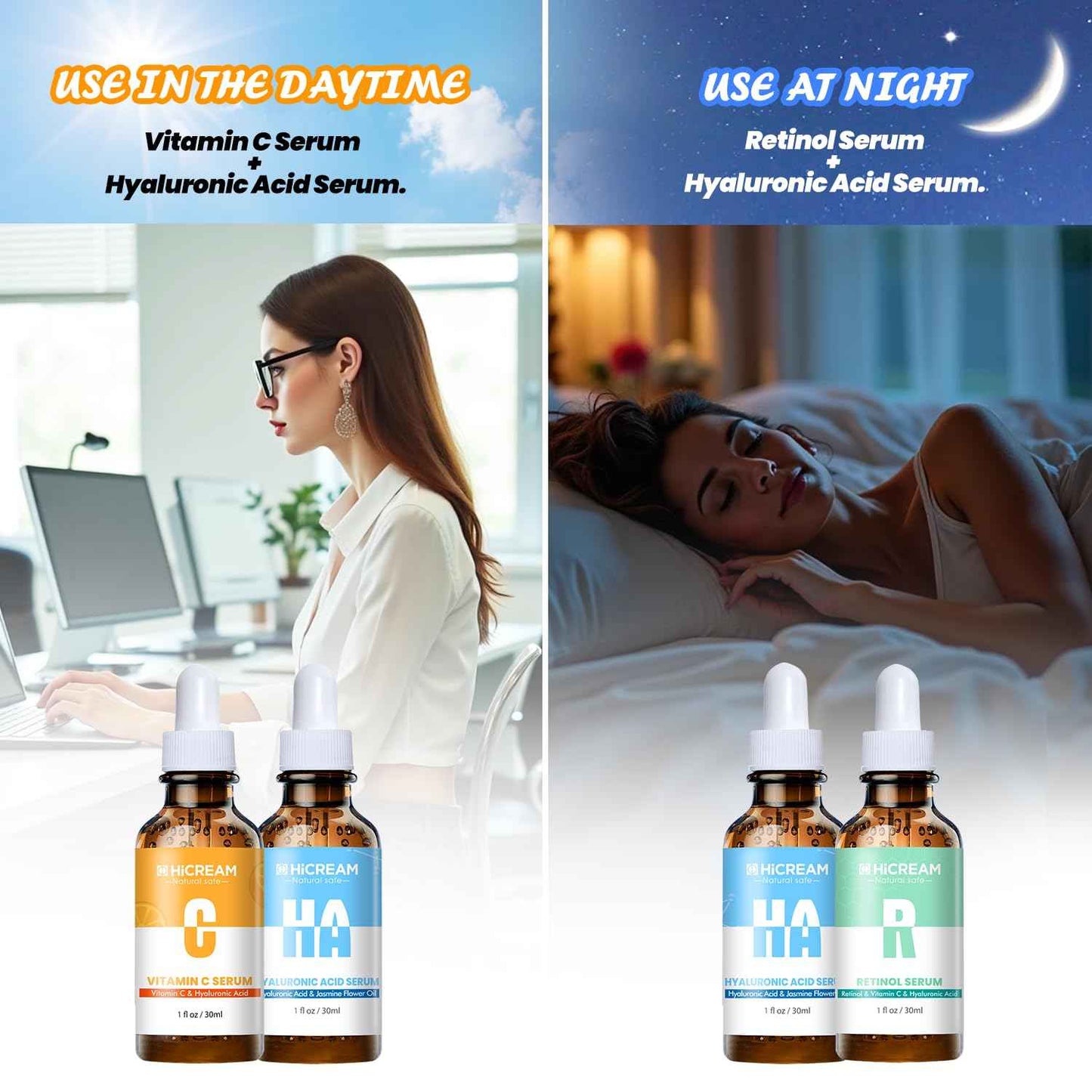 Hicream Face Serum Set 3-Pcs Set, Includes Vitamin C, Hyaluronic Acid & Retinol - Skin Care Set for Brightening, Firming, Hydrating - Facial Skin Care Set for Fine Lines, Dark Spot Corrector