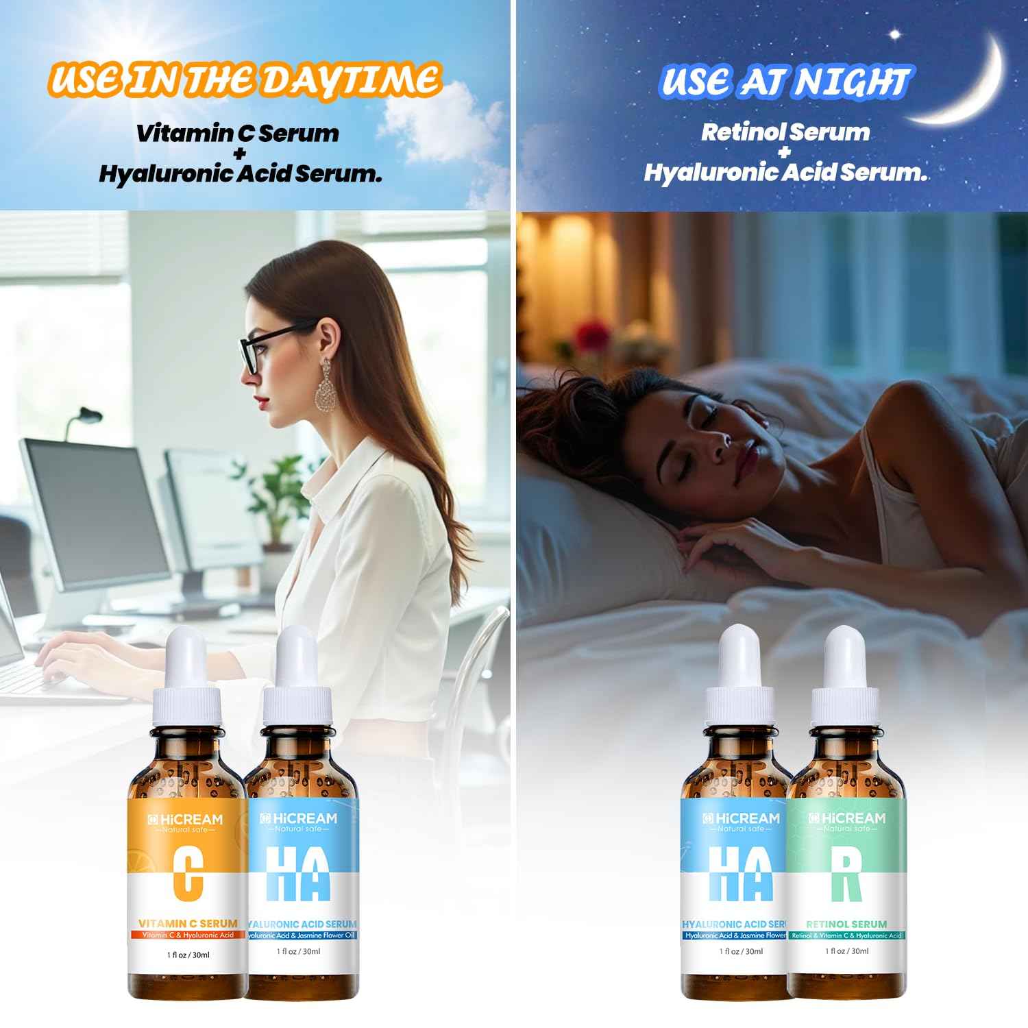 Hicream Face Serum Set 3-Pcs Set, Includes Vitamin C, Hyaluronic Acid & Retinol - Skin Care Set for Brightening, Firming, Hydrating - Facial Skin Care Set for Fine Lines, Dark Spot Corrector