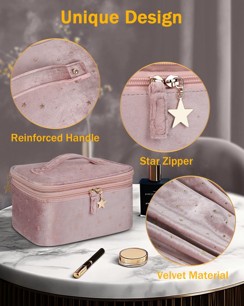 Wedama Makeup Bag Gift for Women, Double-layer Cosmetic Bag with Jewelry Storage and Brush Holder 3 Pcs Velvet Makeup Organizer Bag Gift Set Travel Toiletry Bag for Women Girls, Pink