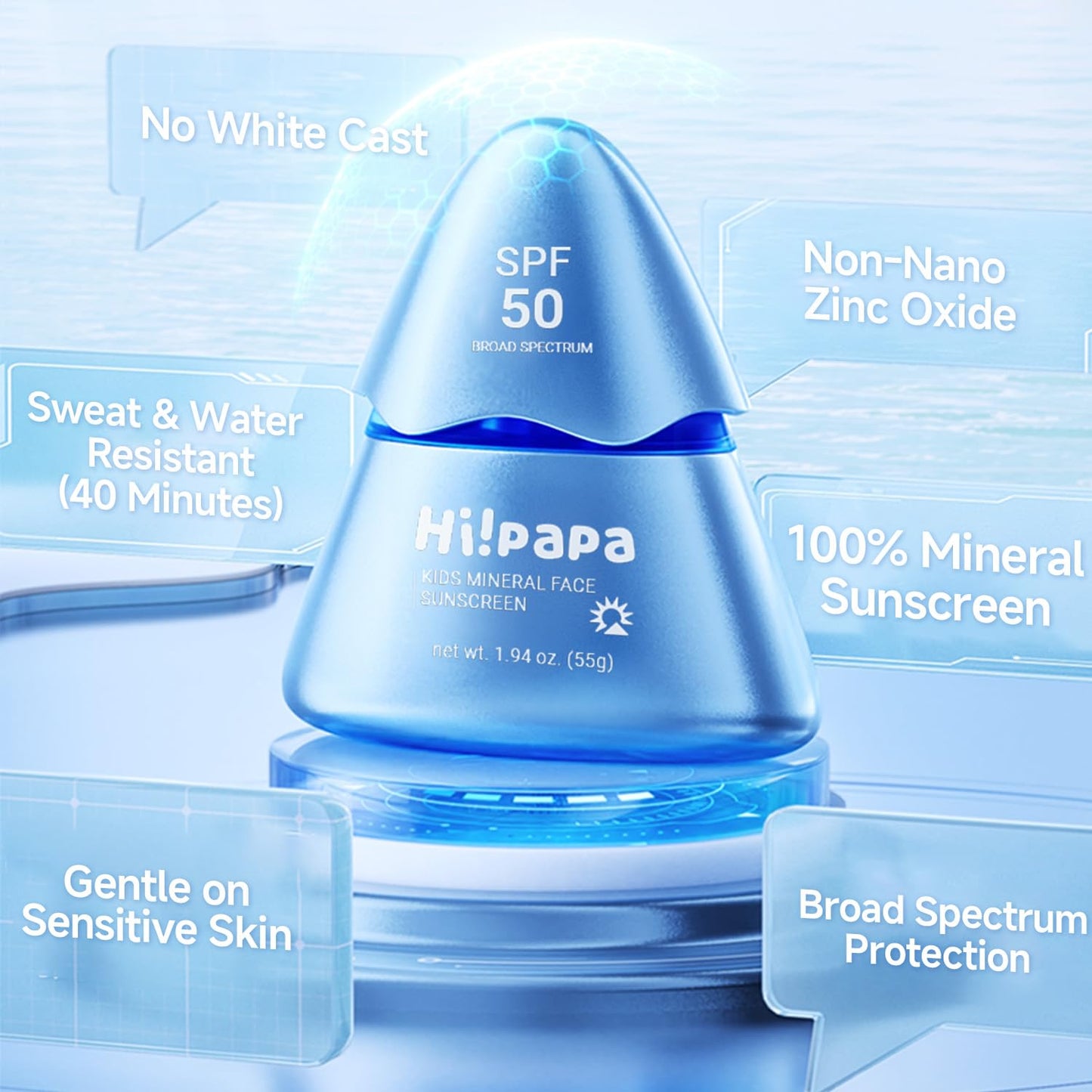 Hi!papa Kids Mineral Sunscreen SPF50, Face & Sensitive Skin, Non-Nano Zinc Oxide Baby Sunblock with Centella, No White Cast, Water Resistant, Fragrance Free, Reef Safe, 1.94oz