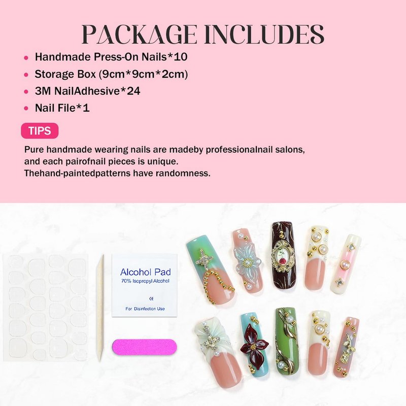 Handmade Press on Nails Long Square Fake Nails Luxury Pearl Rhinestone & 3D Flower Art Designs Salon Quality Acrylic Nails French Tip Gold Rose Steel Ball False Nails Stick on Nail for Women（Size M)