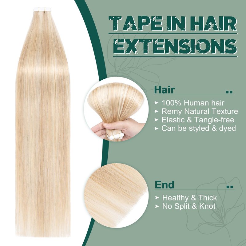 Benehair Remy Tape in Hair Extensions Human Hair Ash Blonde&Bleach Blonde Seamless Skin Weft Tape in Real Human Hair Extensions Straight Hair 16 Inch 30g #18P613 20 pcs