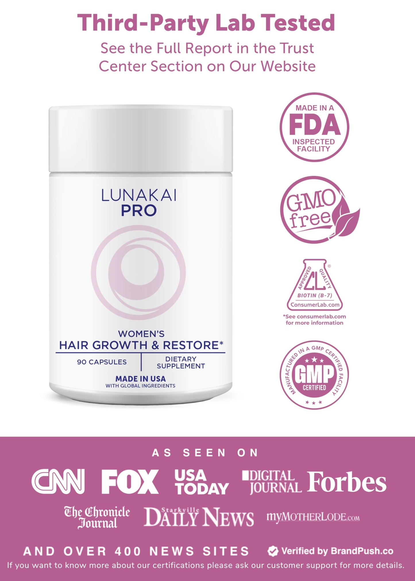 Lunakai USA Made Hair Growth Supplement for Women - Advanced 20 Nutrient with Marine Collagen, Saw Palmetto, Biotin & Keratin - Daily Hair Vitamins for Thicker Strands - 90 Capsules