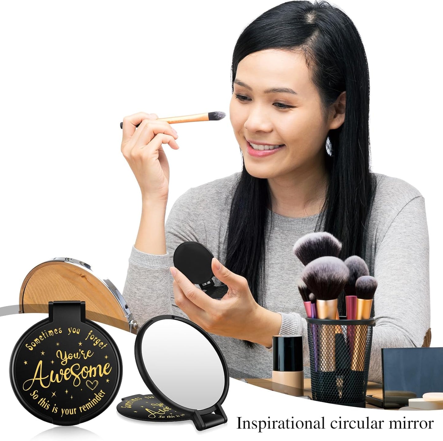 Inspirational Compact Mirror - 100 Pcs Mini Round Purse Mirrors for Women | Perfect Gifts for Mother's Day & Weddings (Black)