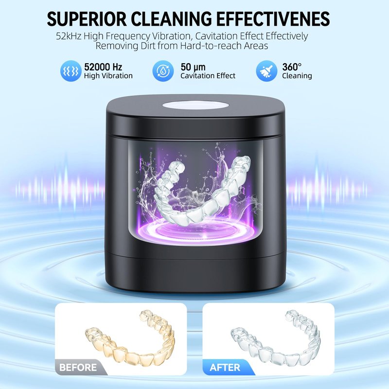 COBEEK Ultrasonic Retainer Cleaner Machine, 52kHz Ultrasonic Denture Cleaner for Night Guards, Braces, Toothbrush Heads, Jewelry and More, Ultrasonic Cleaner for Retainers, Black-Silver
