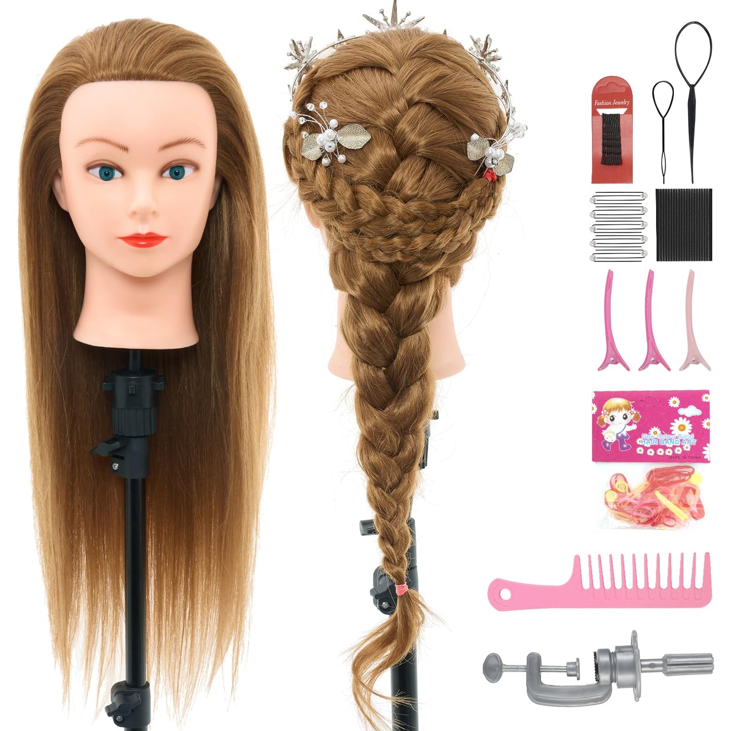 24" Mannequin Head -80% Real Hair Doll head for hair Styling, Cosmetology Mannequin Head with Hair for Braiding Curling,Cuting with Table Clamp Styling Set (Blonde)