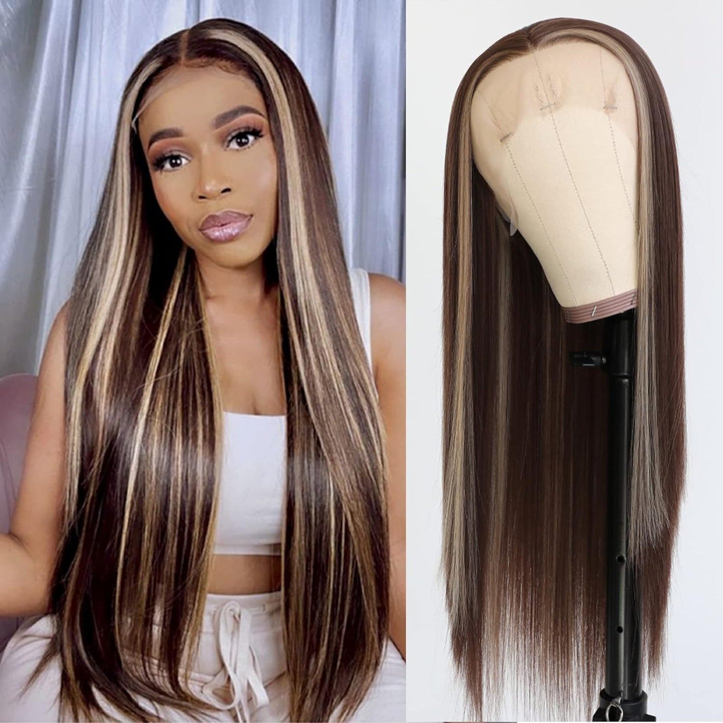 Brown Hair Highlights Lace Front Wig - Long Straight Synthetic Hair, Heat Resistant | 13x3 Size