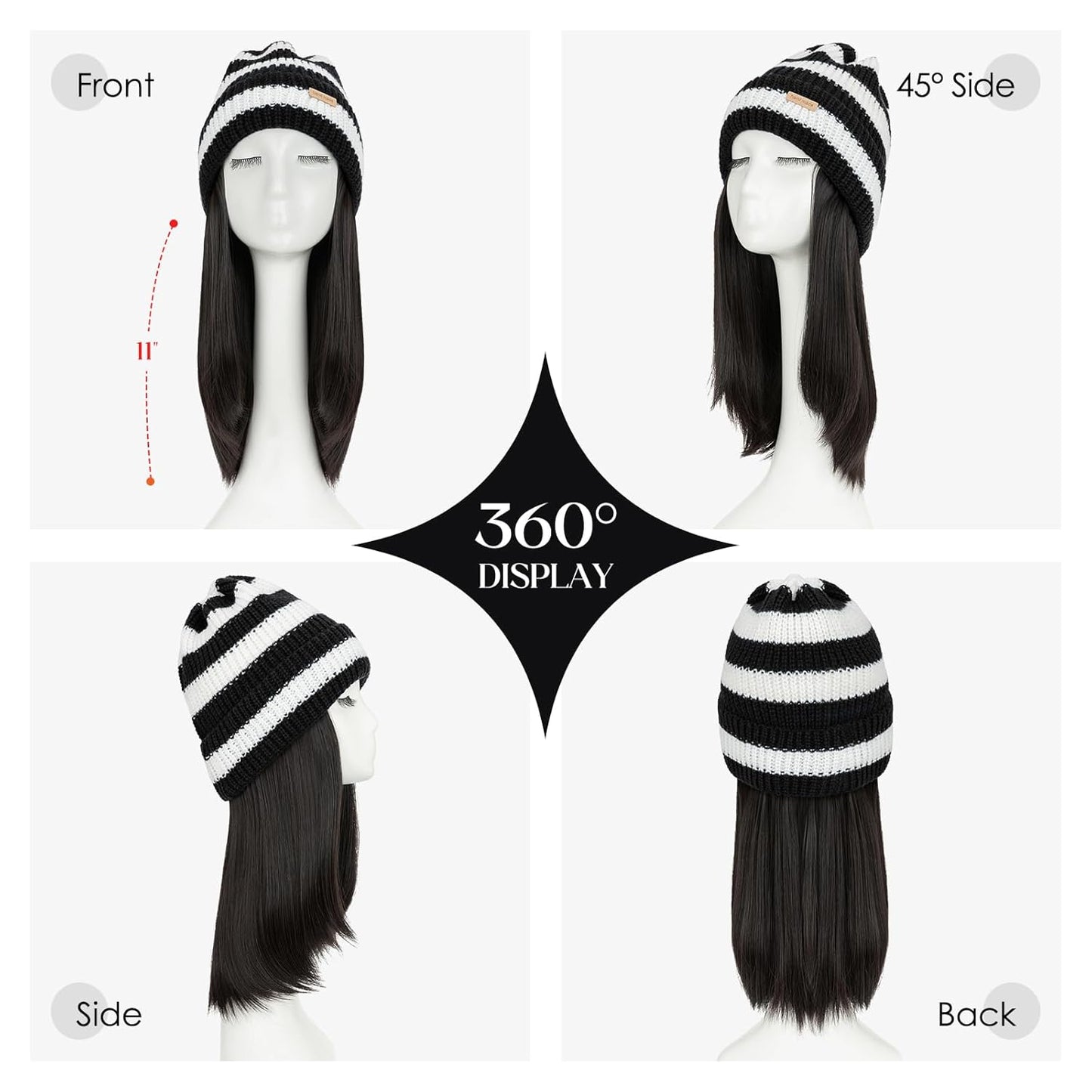 Beanie Wig Hat with Hair for Women - Warm Synthetic Knitted Pom Pom Slouchy Cable Knit | Medium Brown 11” 200g