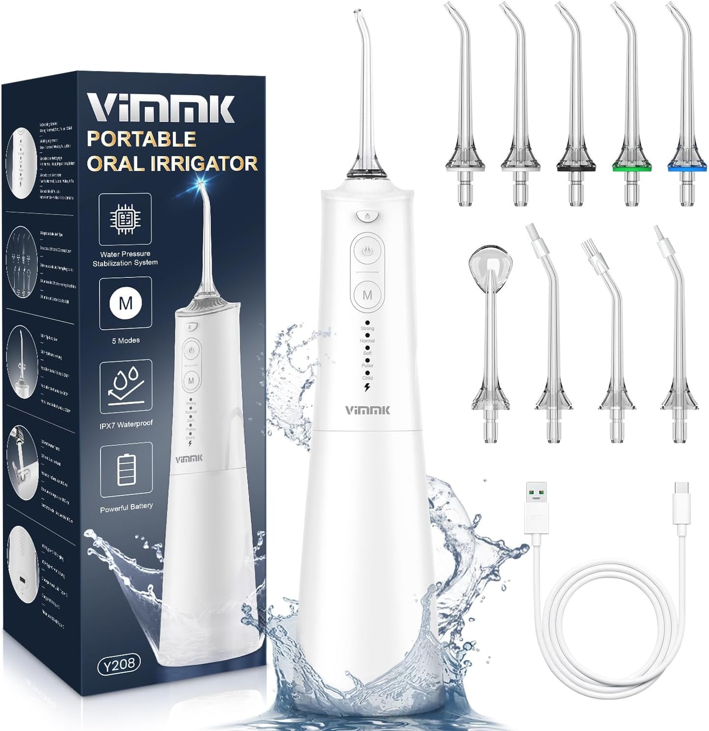 Water Flosser | Cordless Portable Dental Irrigator with 9 Jet Tips & 5 Modes - 300ML, IPX7 Waterproof (White)
