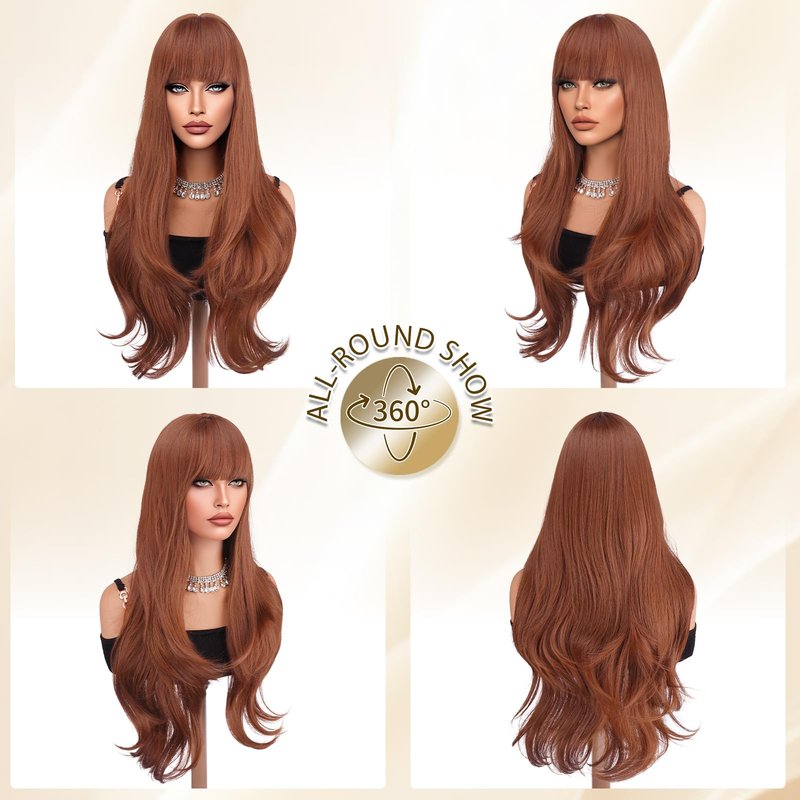 Haloo Auburn Wigs with Bangs - Long Layered Natural Looking Synthetic Heat Resistant Wavy Hair Wigs for Women Daily Party, 26 Inch
