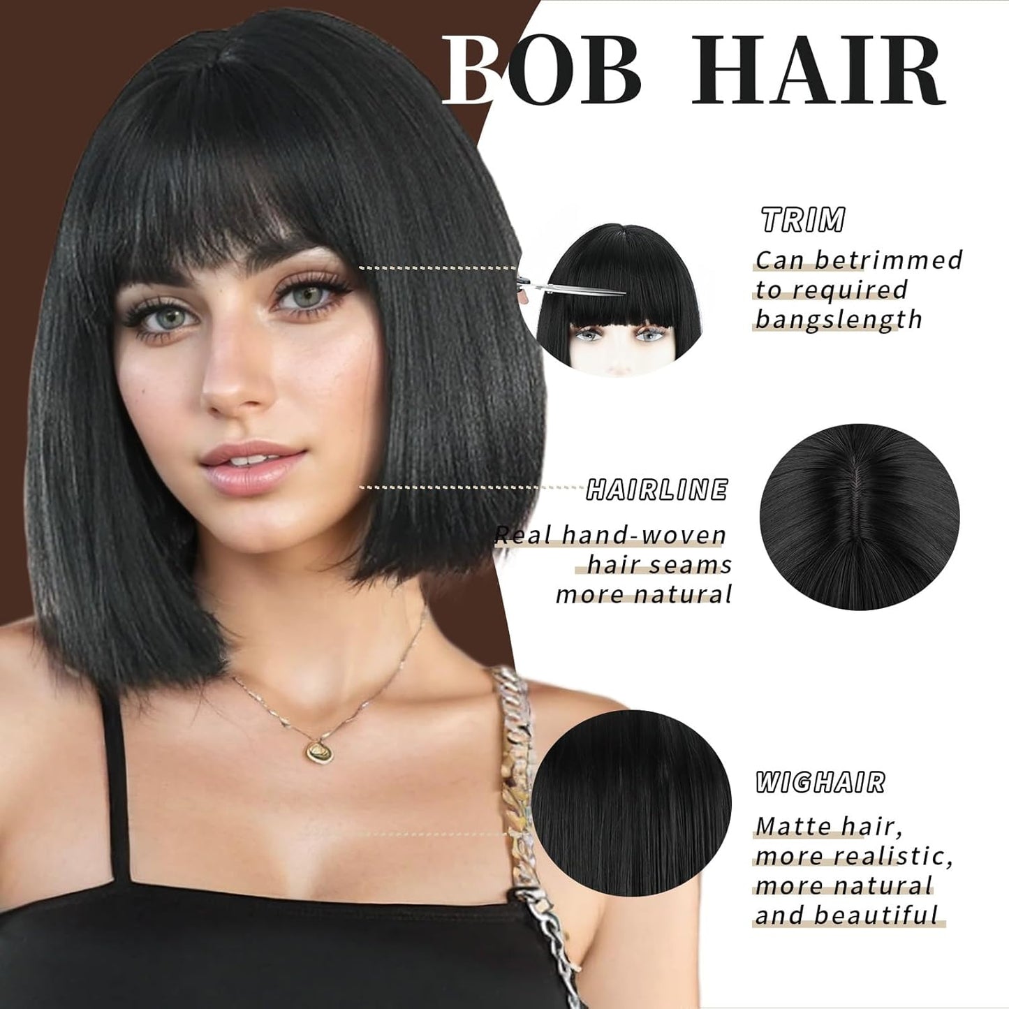 Short Black Straight Wig with Bangs - Heat Resistant Synthetic Hair | 12-Inch Bob for Women