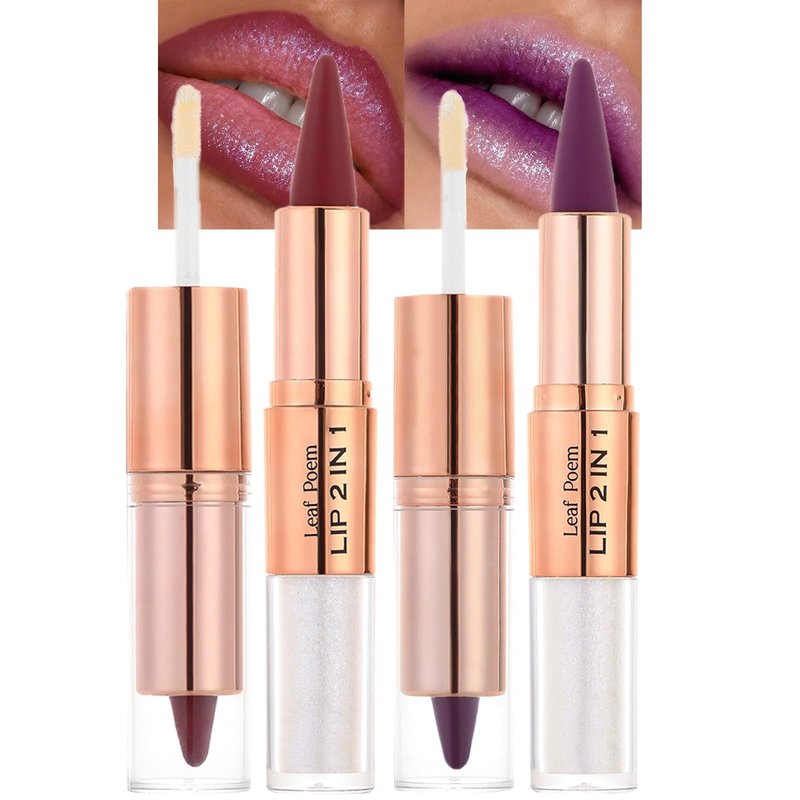 MooGlamor 3 Pcs Lip Liner and Gloss Set 2 in 1 Lipstick with Dual-Ended and Smooth Buildable Lip Gloss for Women Lip Combo Makeup (2 Pcs Matte #03#04)