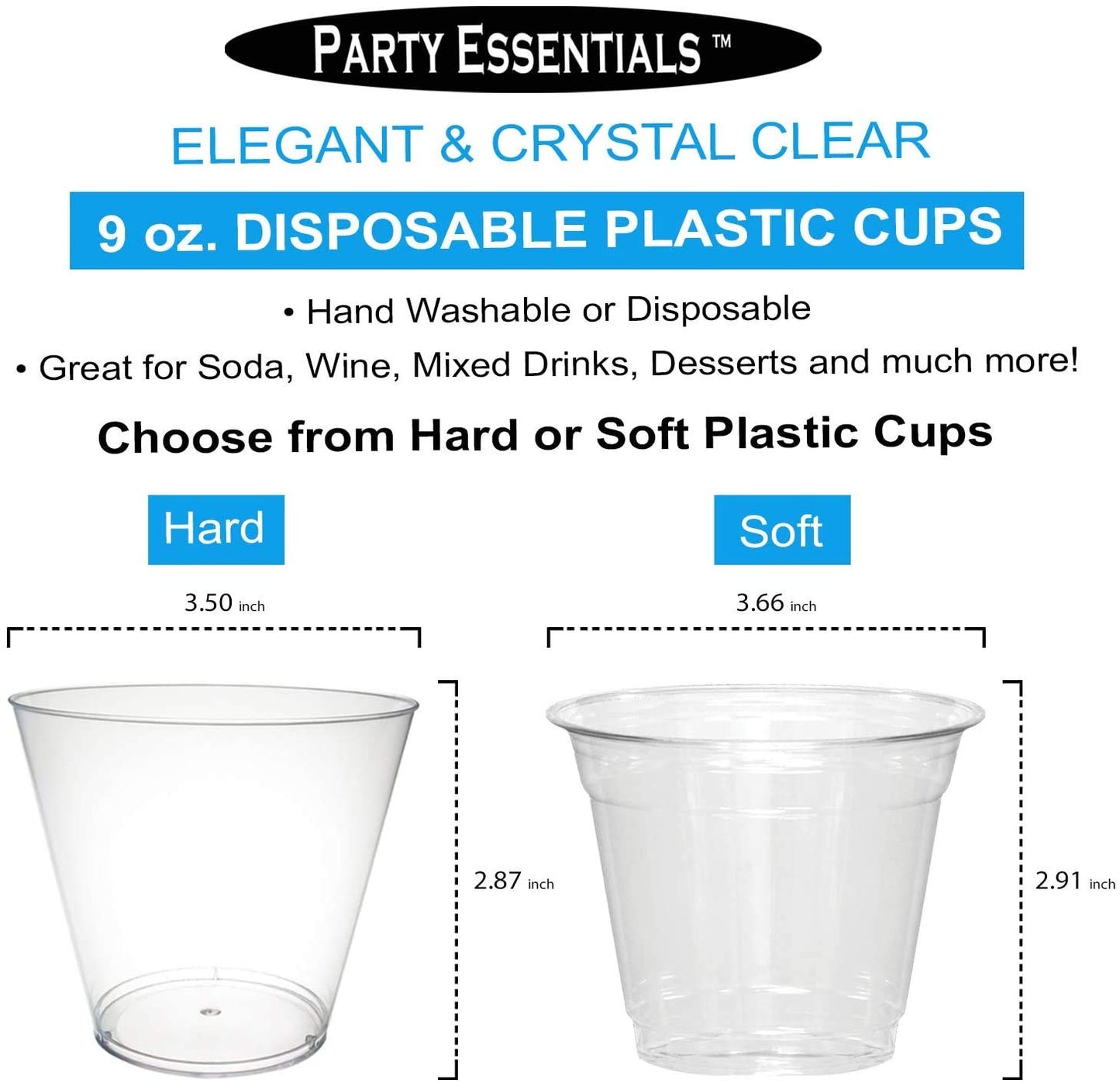 Party Essentials Disposable 9 oz Party Punch Cups | Old Fashioned Tumblers | Cocktail Glasses, 50 Count, Clear, Hard Plastic