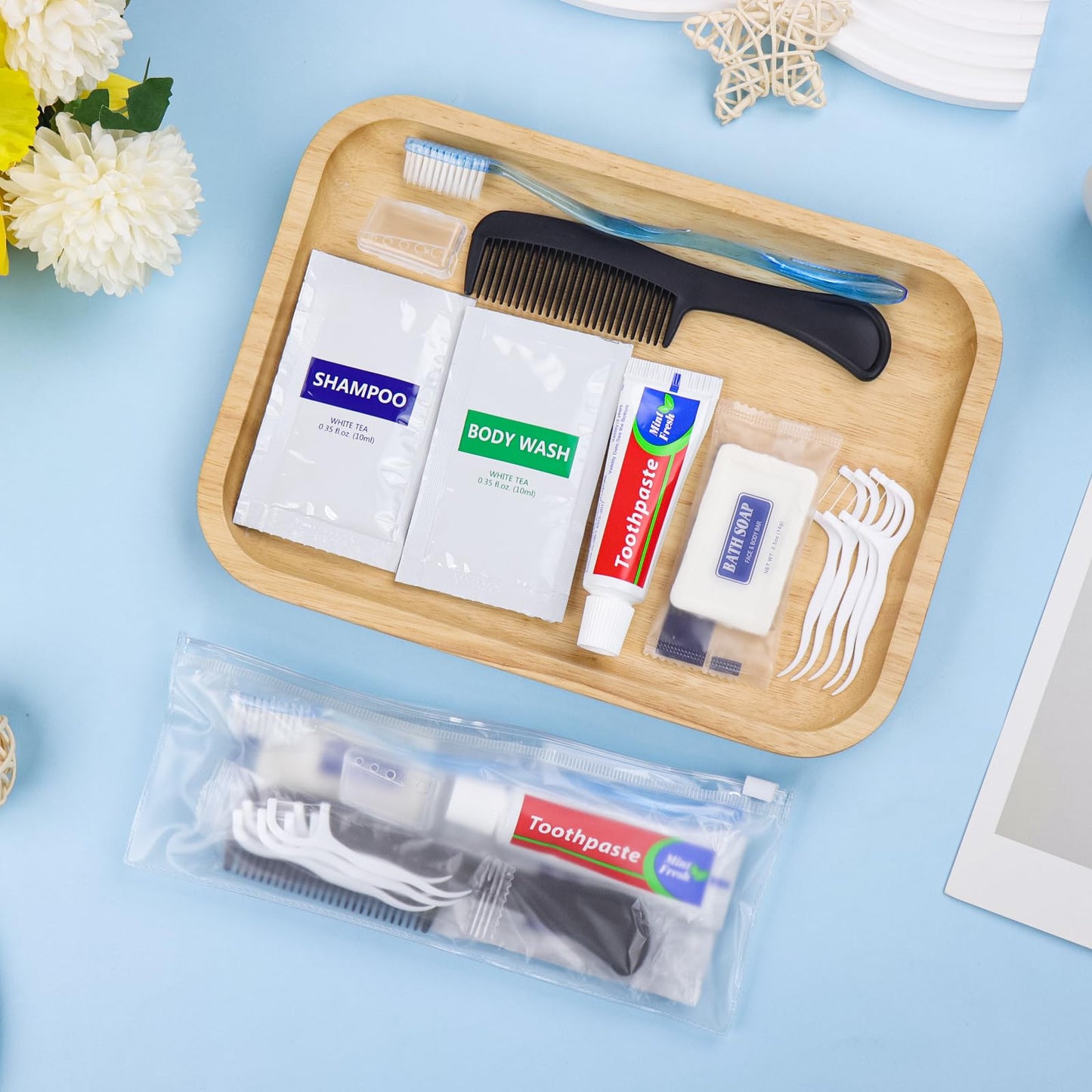 HQSLsund 50 Sets Bulk Hygiene Kits for Homeless,Basic Toiletry Kit Homeless Supplies Bulk,Disposable Toothbrushes with Toothpaste and Comb Individually Wrapped,Bath Soap,Shampoo,Body Wash,Floss Pick