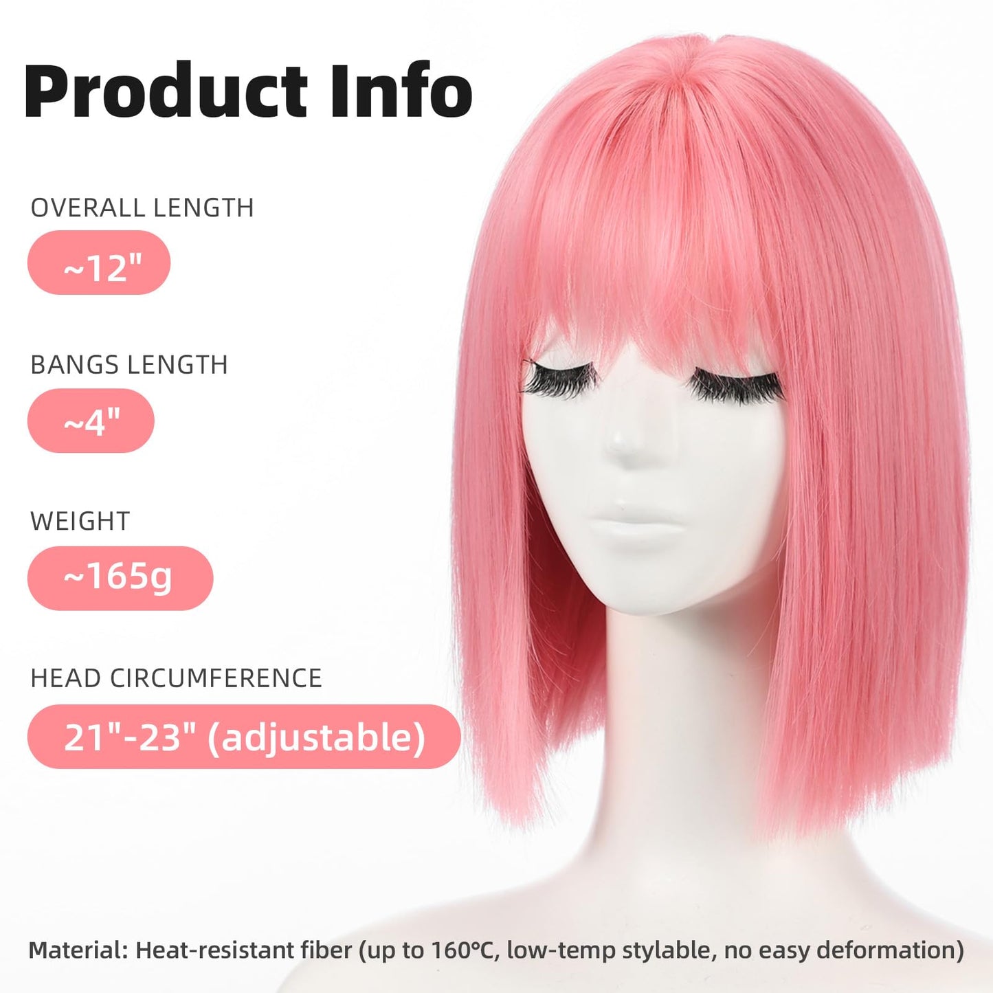 Allbell Pink Bob Wig for Women Short with Bangs 12 inch