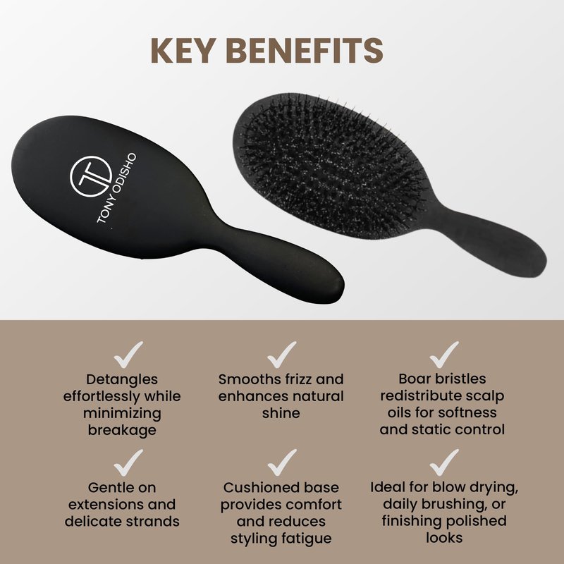 TONY ODISHO Professional Paddle Hair Brush – Cushion Brush with Tourmaline Nylon and First Cut Boar Bristles for Gentle Detangling & Natural Shine (Black, Large)