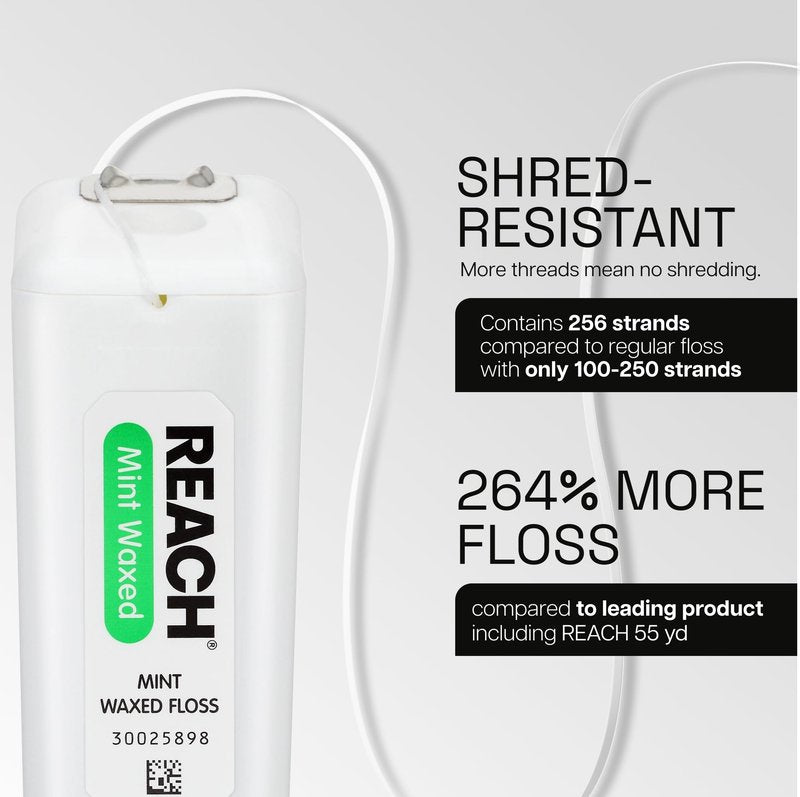 REACH Waxed Dental Floss, Mint, Plaque Remover for Teeth, Shred Resistant, Floss Slides Smoothly, Easy to Use, Waxed, Deep Cleaning Teeth, Oral Care, PFAS Free, for Adults & Kids, 6 Pack, 200 yd