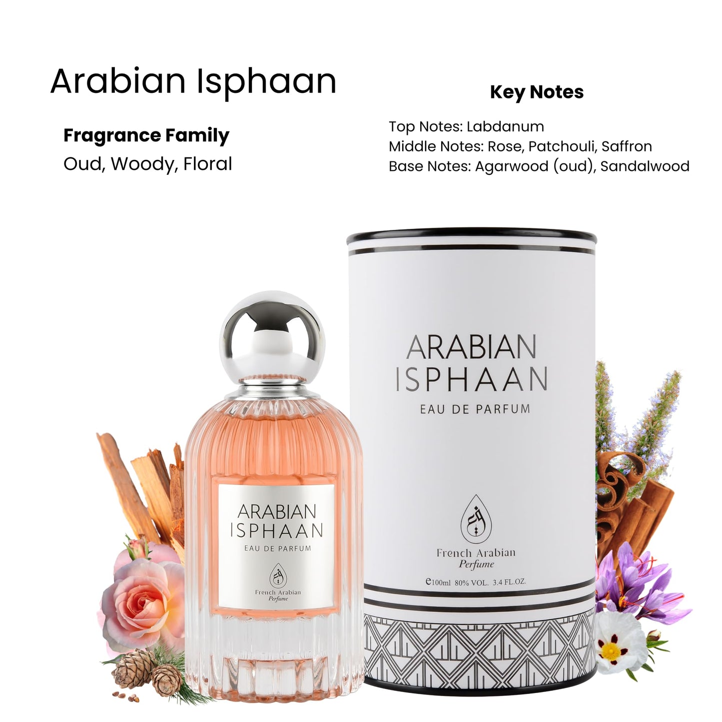 French Arabian Perfumes Arabian Isphaan 100ml EDP Unisex Eau de Parfum Oud Fragrance | Woody Floral Scent with Labdanum Rose Patchouli Saffron Oud & Sandalwood Notes | Luxury Oriental Perfume
