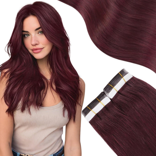 Moresoo Burgundy Tape in Hair Extensions Wine Red #99J Straight Human Hair 14 Inch 20pcs 40g Invisible Seamless Tape in Extensions for Fashion Hair Look Smooth Shiny Real Human Hair for Women