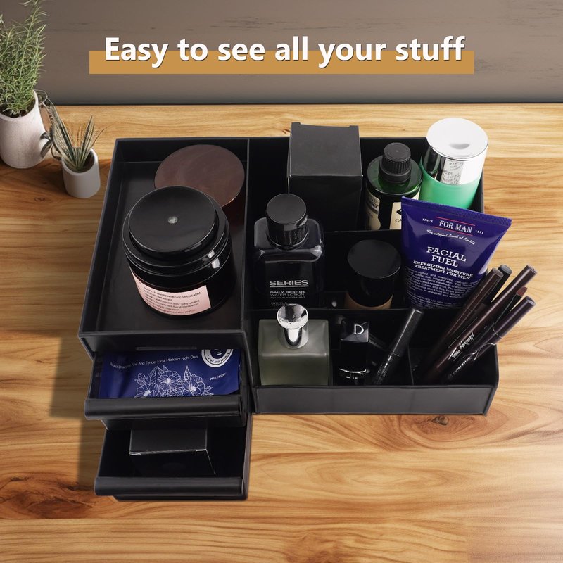 Decorcode Black Vanity Organizer with Drawers – Large Mens Countertop Storage Box for Cologne, Skincare, Makeup, Perfume – Waterproof Dresser Organizer for Bathroom, Bedroom, Desk