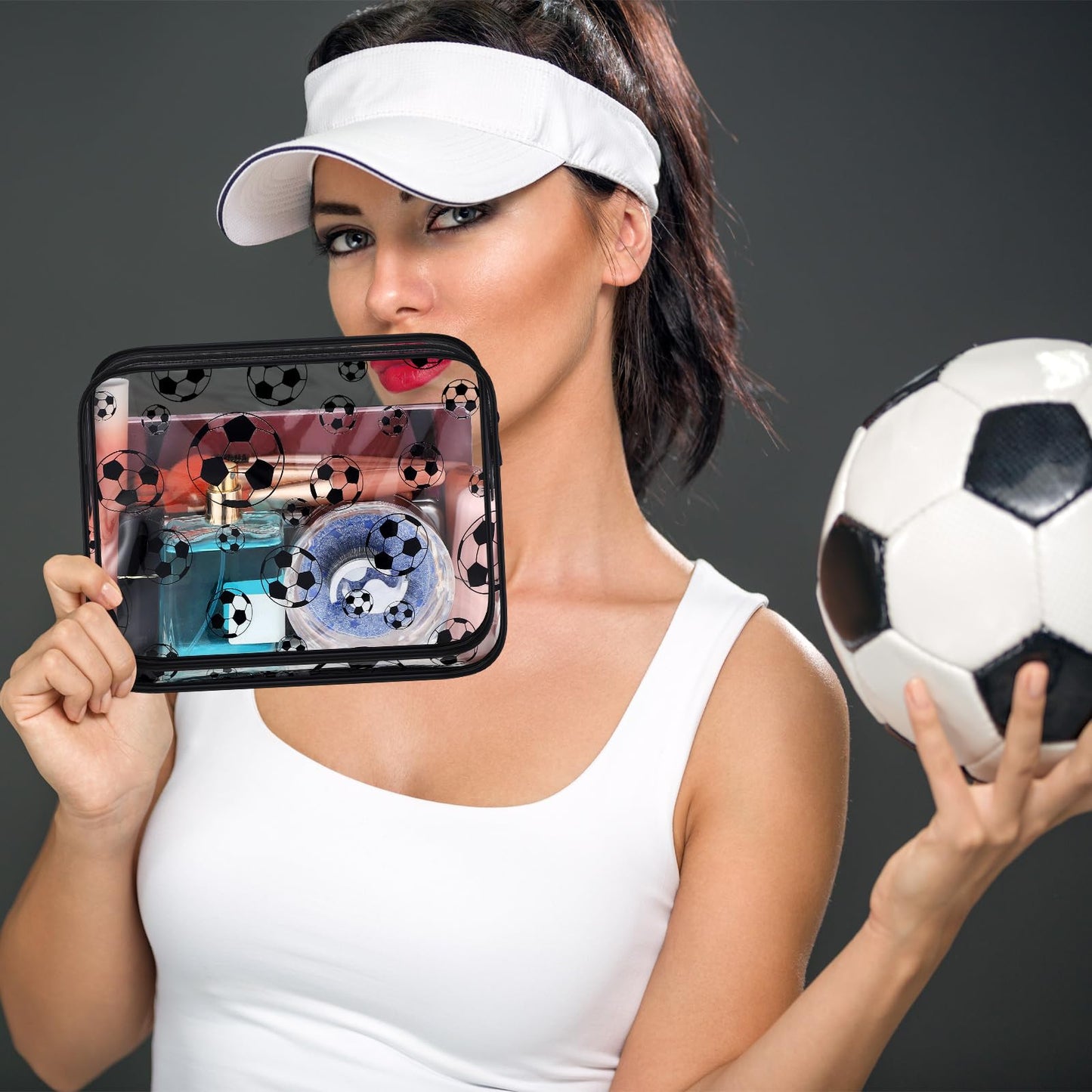 Kacctyen 20 Pcs Soccer Makeup Bags Bulk for Girls Women Football Team Party Favors Goodie Snack Bags 8 x 6 x 2.4'' Clear Cosmetic Bag Bulk for Soccer Mom Accessories PVC Toiletry Pouch with Zipper