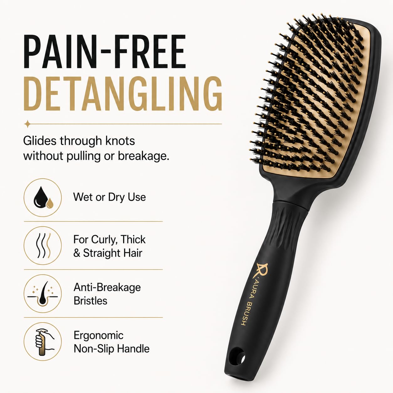 Aura Brush Professional Detangling Hair Brush for Wet & Dry Hair – Pain-Free Detangler for Thick, Curly, Straight & Wavy Hair – Ergonomic Paddle Brush
