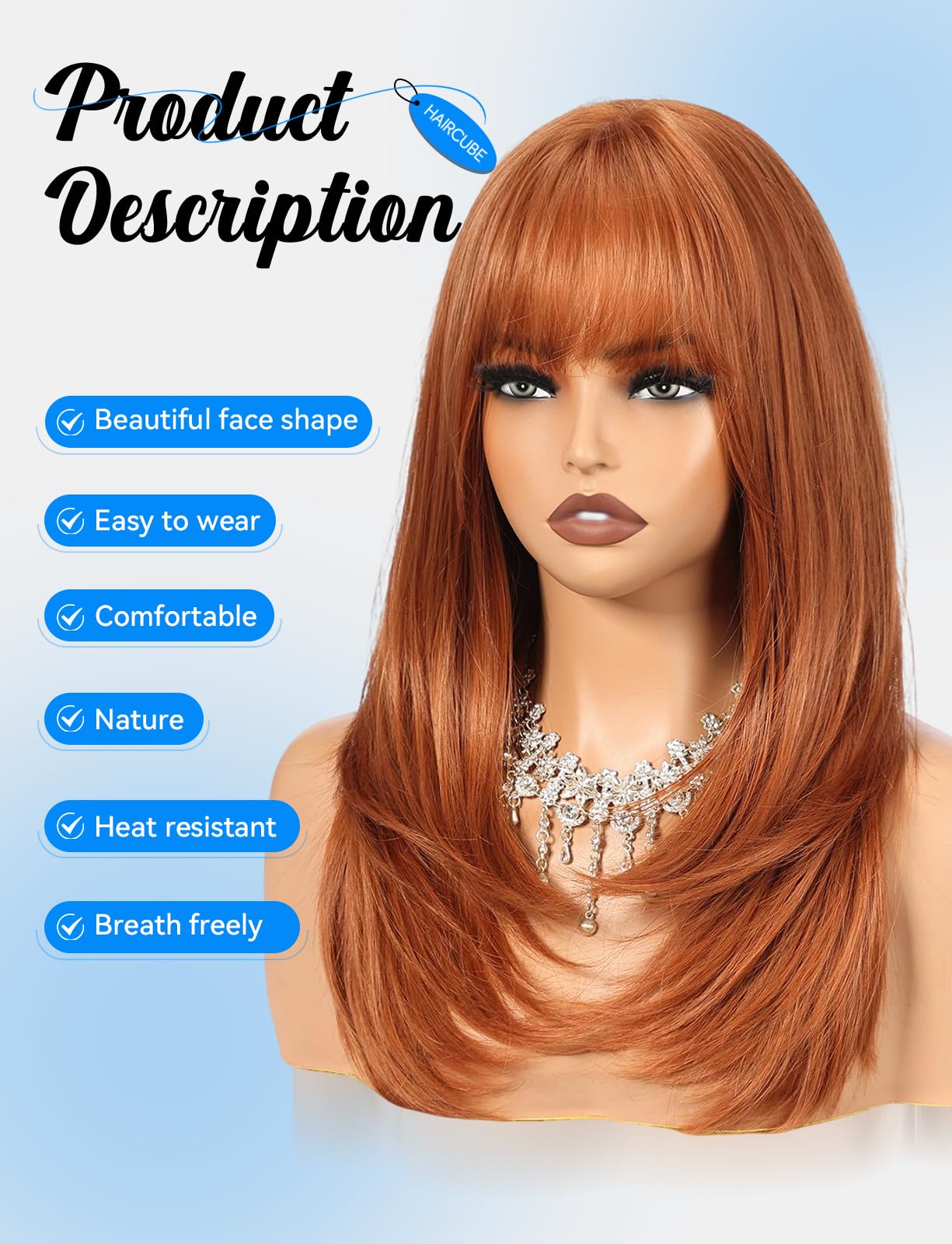 HAIRCUBE Layered Auburn Medium Long Straight Synthetic Wigs for Women with Bangs Heat Resistant Natural Look for Daily Use