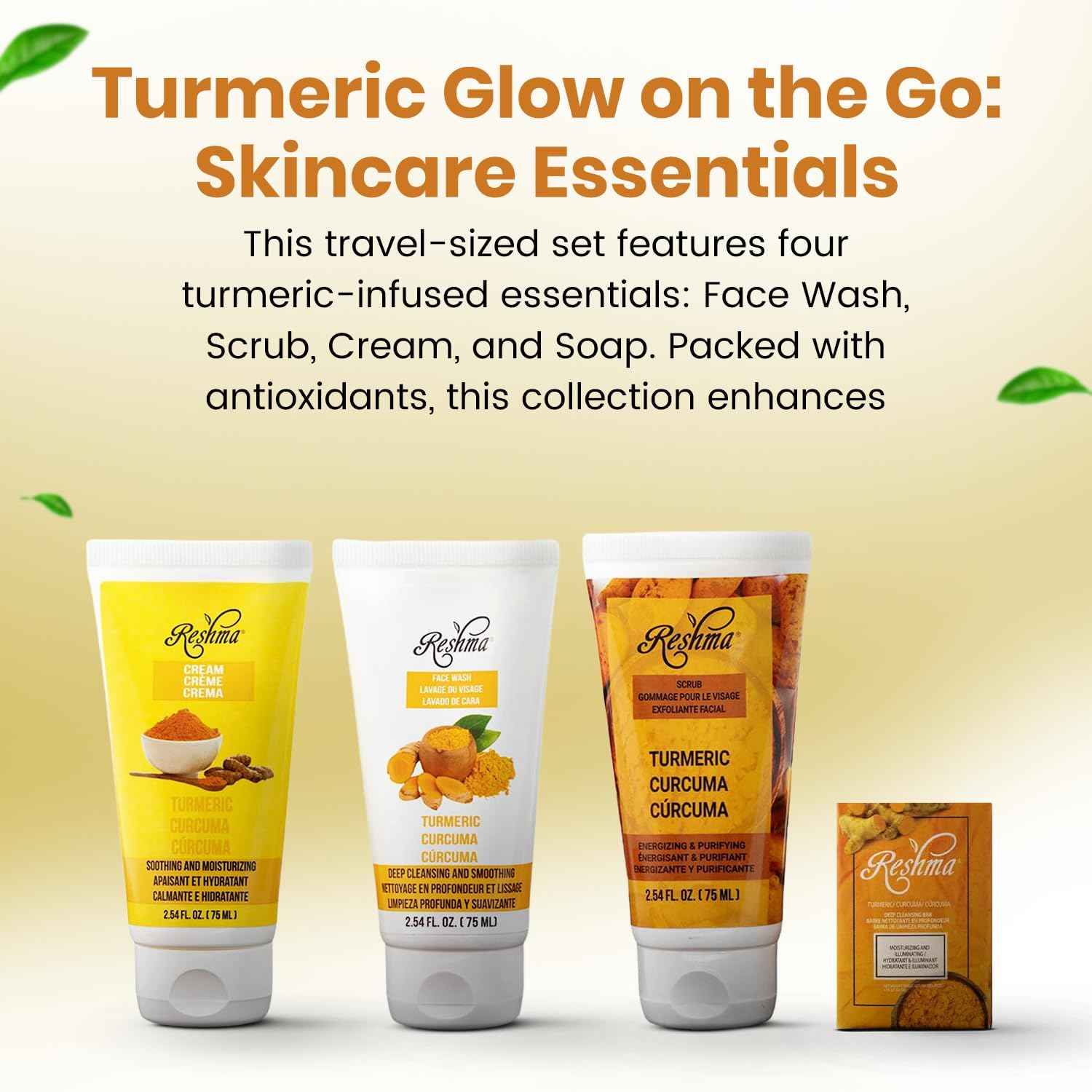 Turmeric Glow on the Go: Skincare Essentials | for All Skin Types & Dull Skin | Gentle Face Wash, Scrub, Cream, and Soap | TSA Approved | Removes Make Up | For Daily Use - Cruelty Free