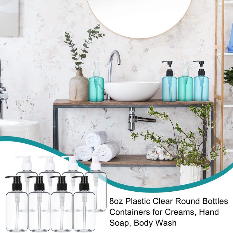 Eccliy 30 Pack 8 oz Clear Empty Lotion Bottles Plastic Pump Bottles Hand Dish Dispenser Round Containers Refillable Container Black White Pumping for Shampoo Conditioner Body Wash Cream Liquid Soap