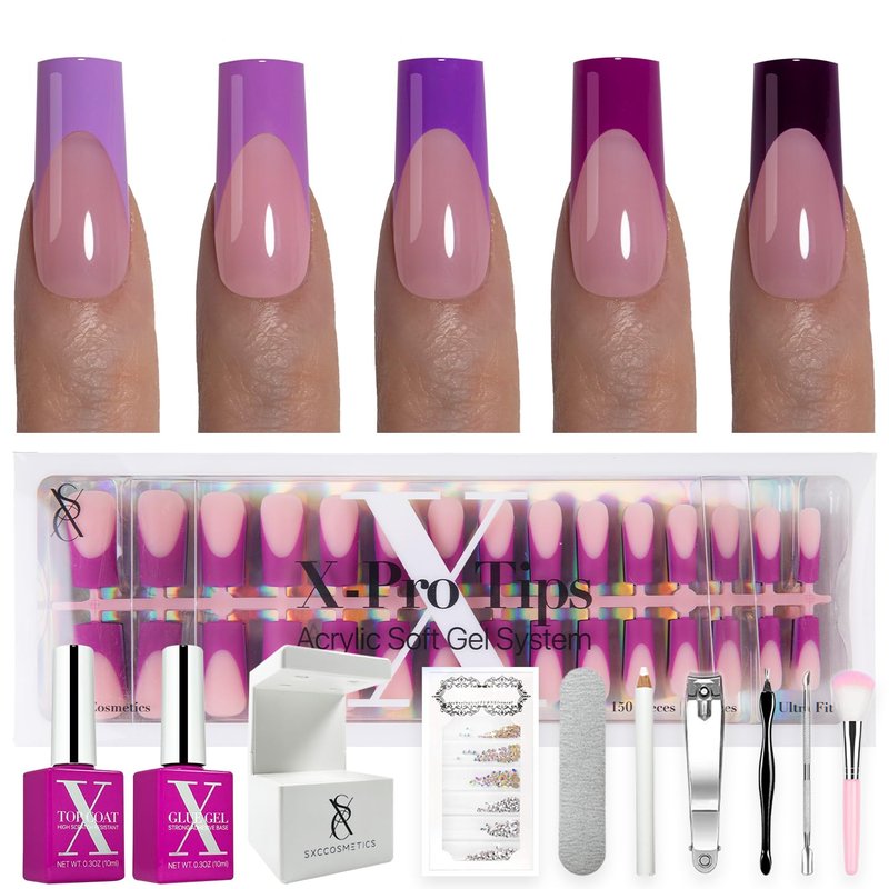 SXC Cosmetics French Tip Press On Nails – Purple Series, Medium Square, X-Pro Tips Starter Kit | 150PCS, 15 Sizes, 5 Styles, Beginner-Friendly