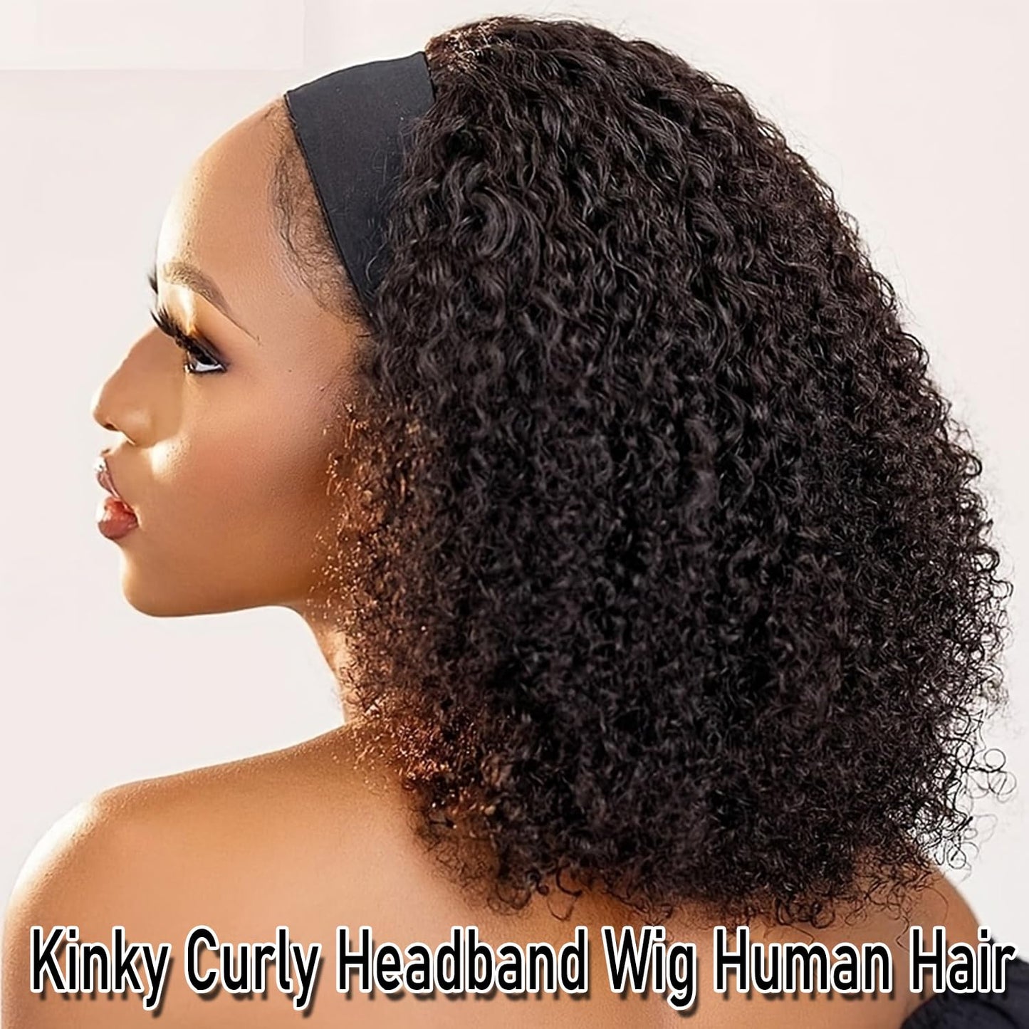 Coshgirl Headband Wig Human Hair Kinky Curly for Black Women Curly Headband Wig Human Hair 150% Density Machine Made Glueless None Lace Front Wigs Brazilian Virgin Wig KC Natural Color 12 Inch