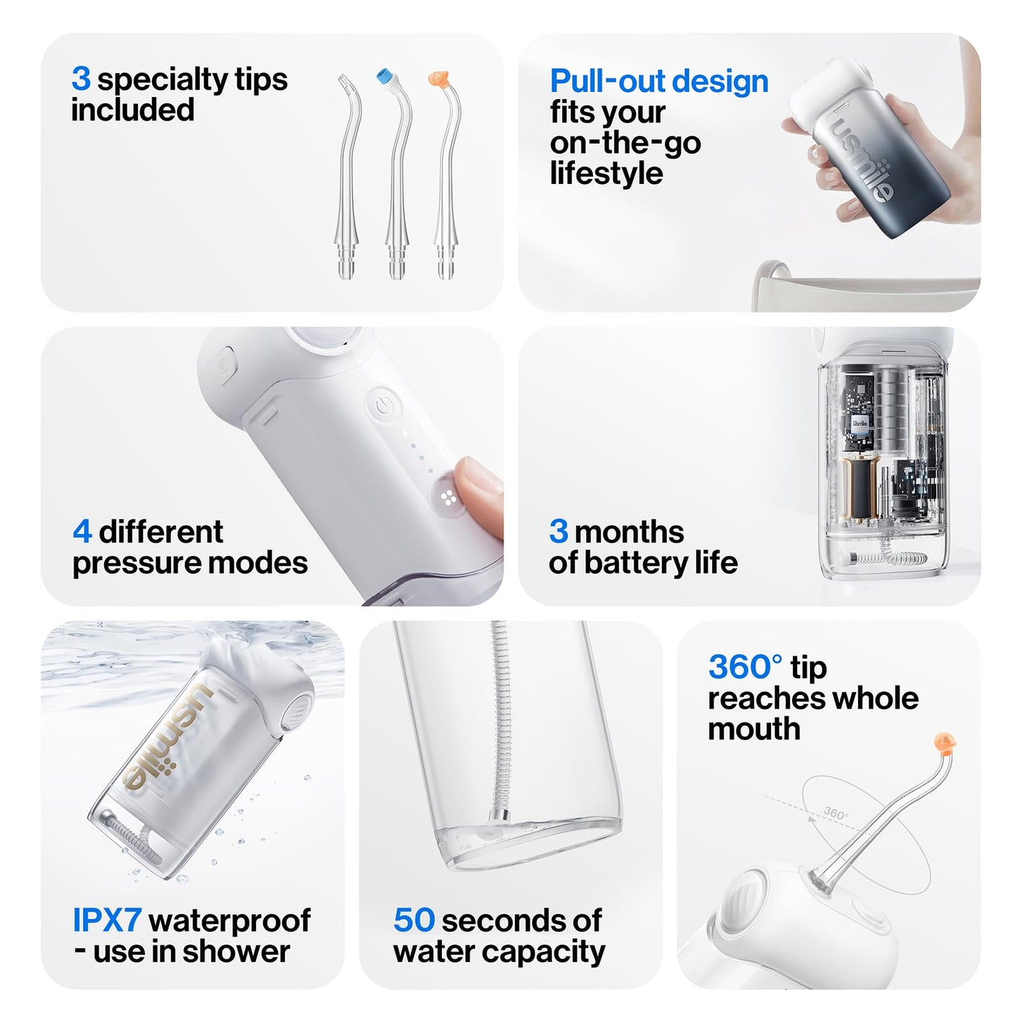 usmile C10 Portable Water Flosser – Travel-Friendly, 95-Day Battery, 4 Modes, 360° Nozzle, 180ml Tank, IPX7 Waterproof, Dentist-Recommended for Braces, Implants & Sensitive Gums (Inkstone Black)