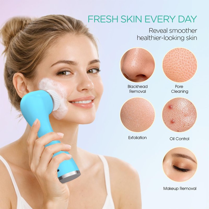 VOYOR Facial Cleansing Brush Rechargeable, Spin Face Brush Waterproof 5-in-1 Body Brush Set for Deep Skin Cleansing, Gentle Exfoliating and Massaging FB500 (White)
