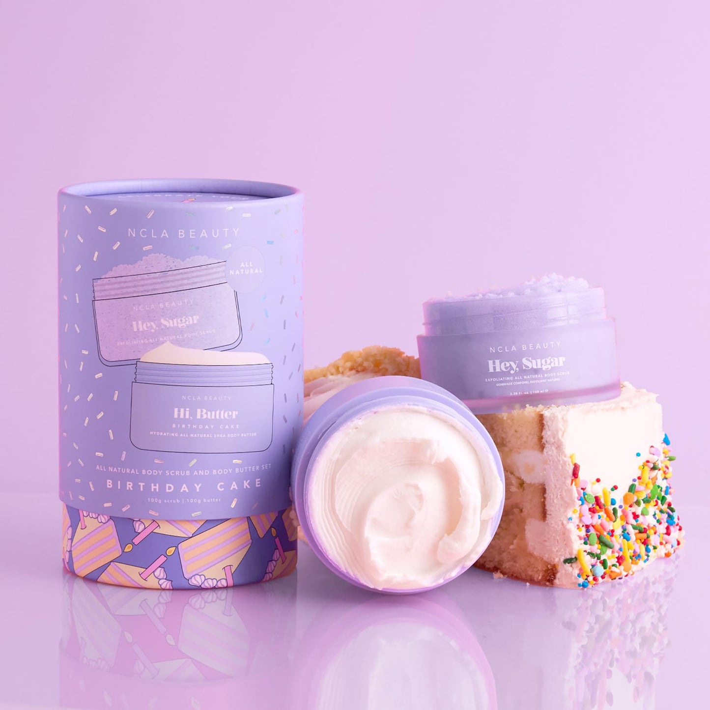 NCLA Beauty All Natural Body Scrub and Body Butter - Exfoliating Sugar Scrub and Moisturizer with Natural Butters and Oils - Birthday Cake - 2 pc