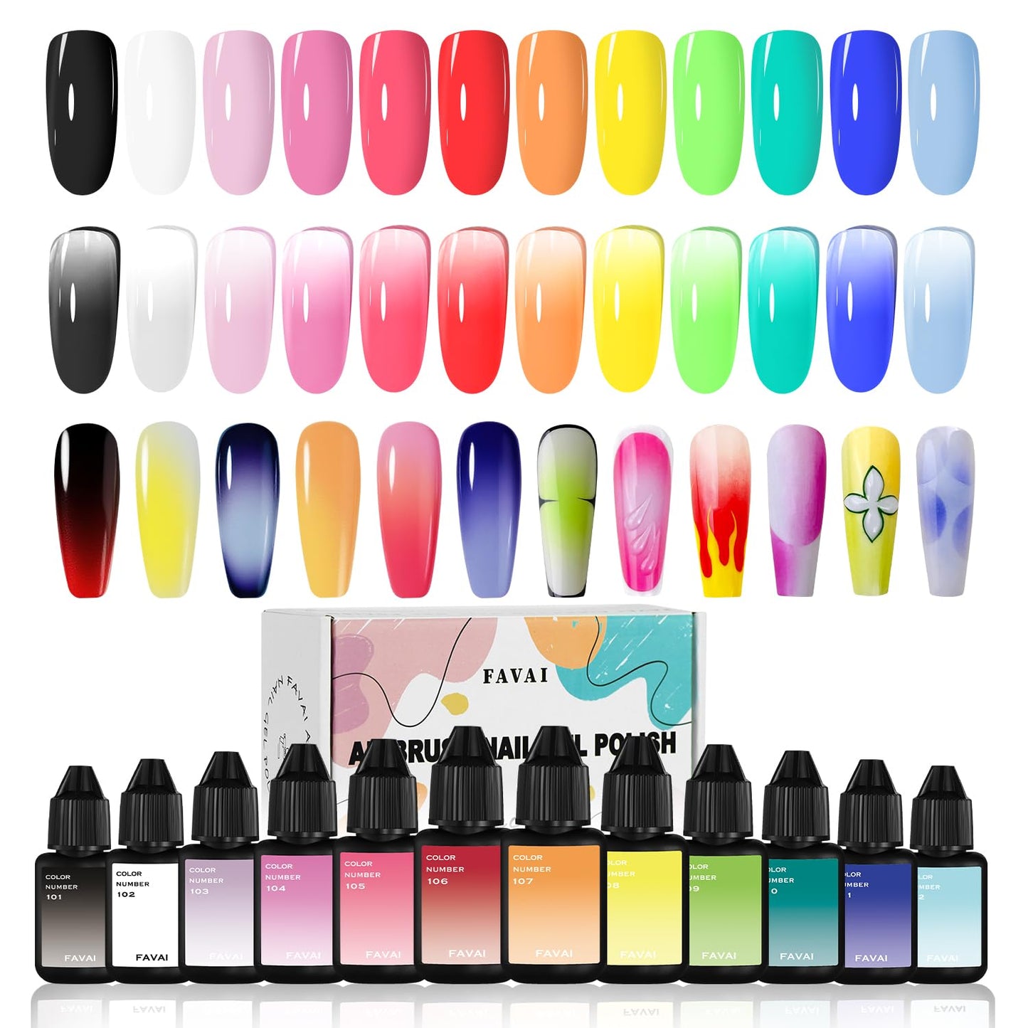 FAVAI Airbrush Gel Nail Polish Starter Kit, 12 Vibrant Colors Hema-Free Dilution-Free Non-Acetone, Fast Dry Smooth Gradient, Salon Quality French Ombre Nail Art Design for Home DIY Manicure
