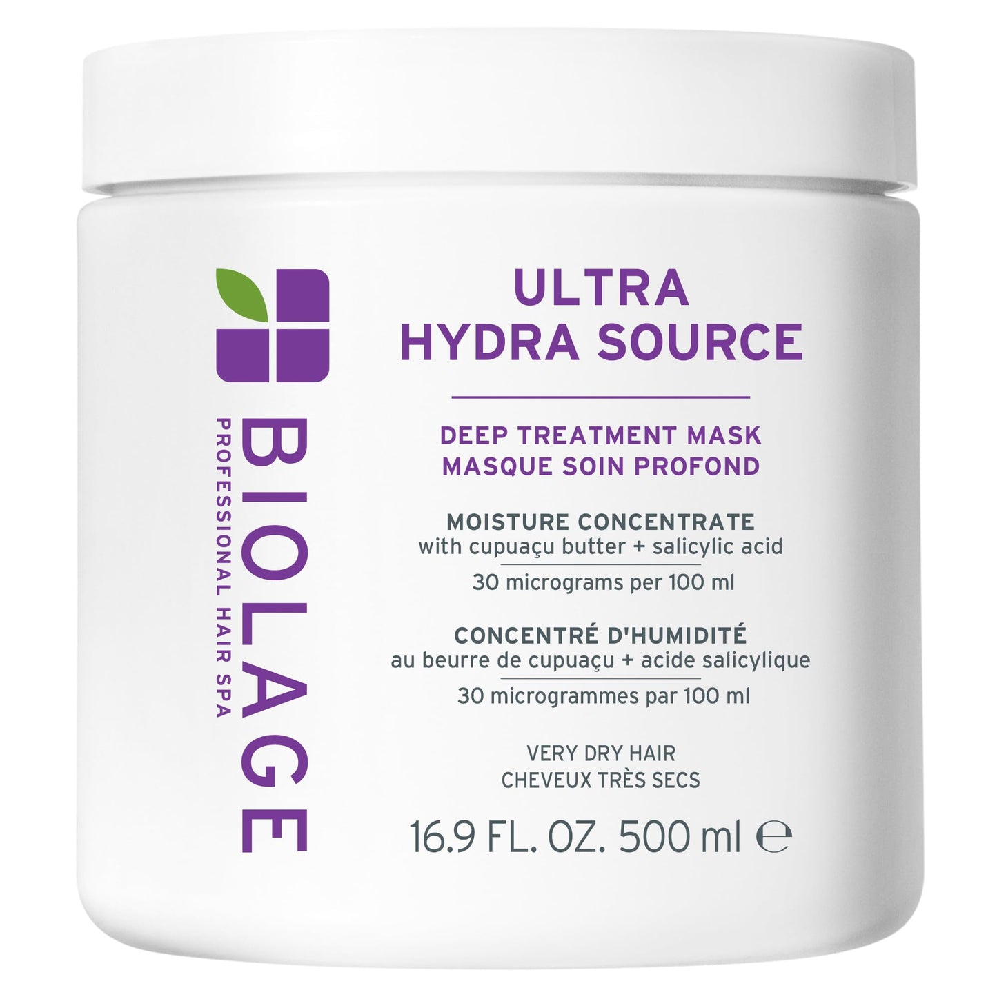 Biolage Ultra Hydra Source Deep Treatment Mask - Intense Hydration, For Very Dry, Thick, Coarse Hair, Infused with Micro-dosed with Cupuaçu Butter & Salicylic Acid, Vegan & Paraben-Free, 16.9 Fl Oz
