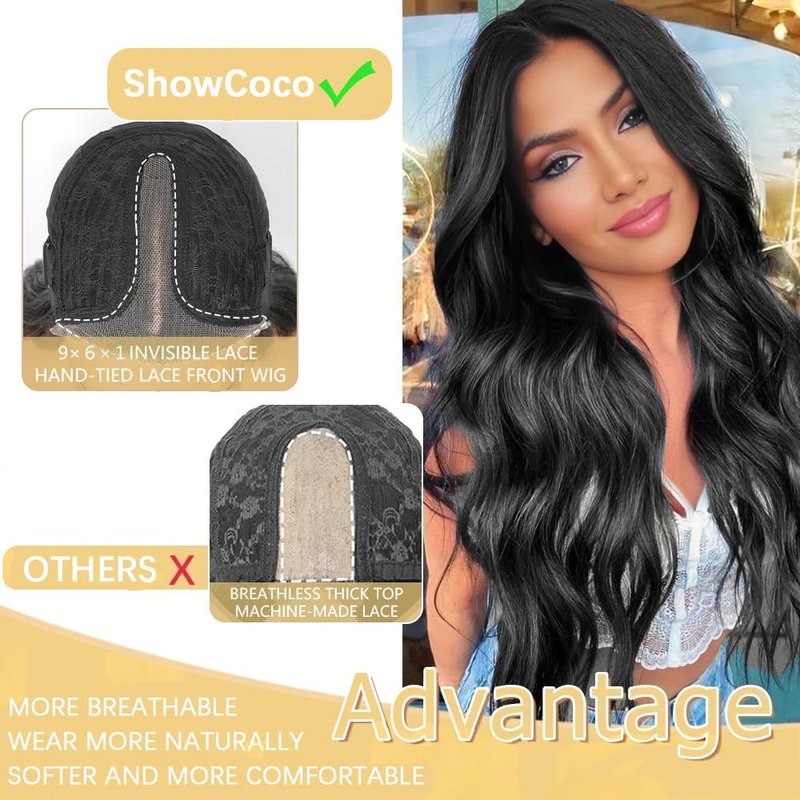 ShowCoco Black Wig for Women 26 Inch Pre Cut Hand-Tied Lace Long Wavy Natural Hairline Middle Part Hair Replacement Wigs for Women Beginners Natural Synthetic Wig for Daily Party 3 Seconds to Wear
