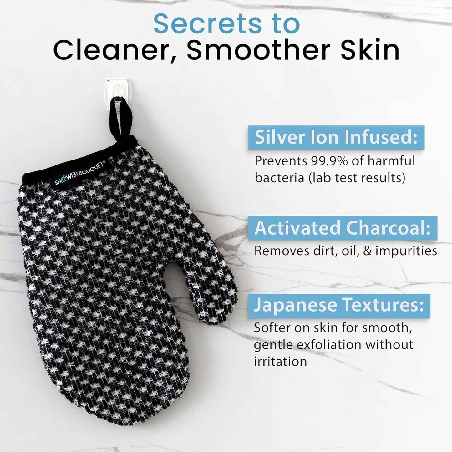 Japanese Exfoliating Mitt 2-Pack - Charcoal & Silver Ion Exfoliating Gloves for Shower - Soft Inner Fabric Gentle Exfoliation & Deep Cleansing Body Scrub Gloves for All Skin Types - 1 White, 1 Blue