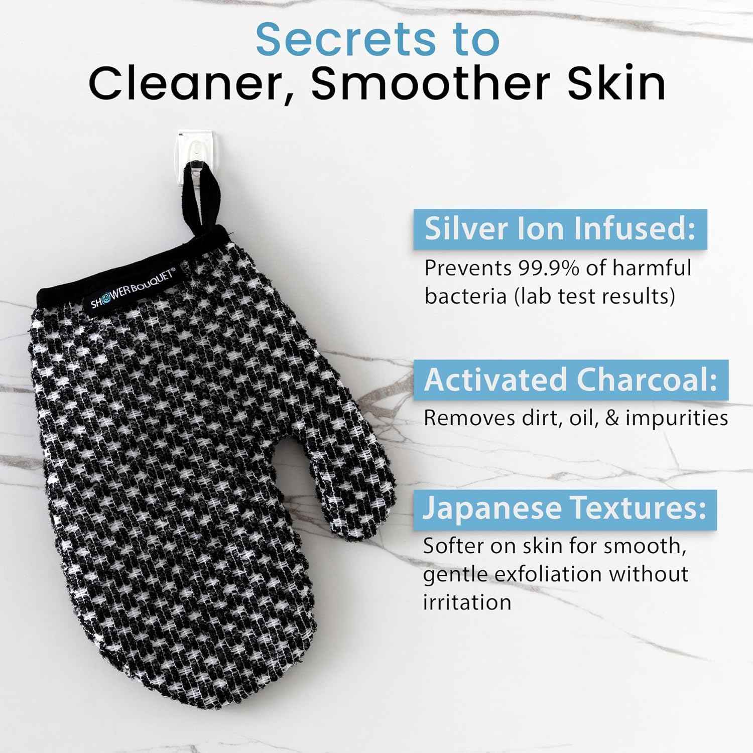 Japanese Exfoliating Mitt 2-Pack - Charcoal & Silver Ion Exfoliating Gloves for Shower - Soft Inner Fabric Gentle Exfoliation & Deep Cleansing Body Scrub Gloves for All Skin Types - 1 White, 1 Blue