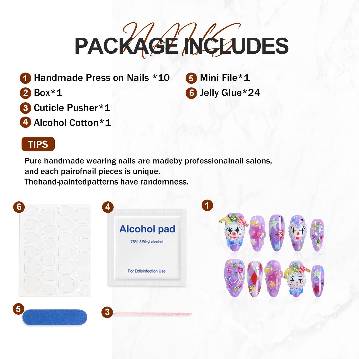 HOMSERA Handmade Press On Nails Almond, French Tips 3D Joker Design Short Fake Nails, Salon-Quality Reusable, 10Pcs Includes Adhesive Pads & Nail File, Special Holiday Gifts
