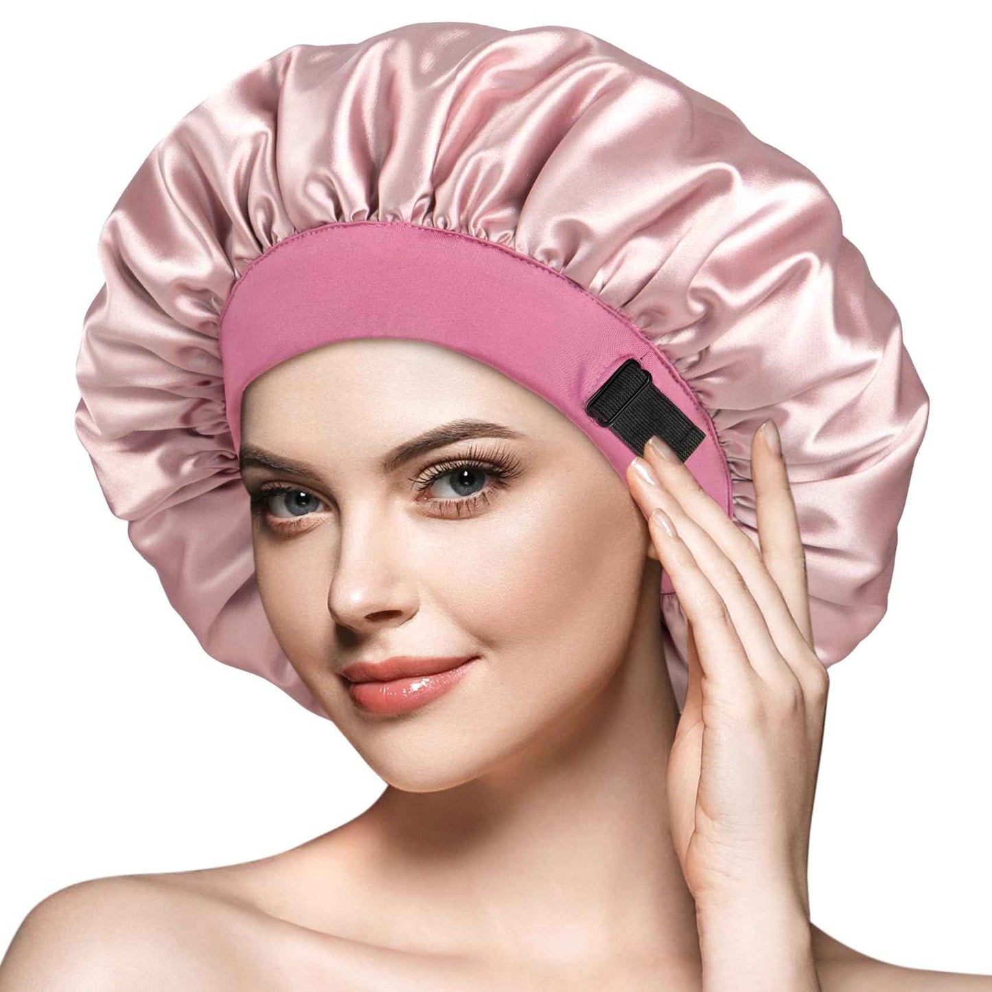 mikimini Satin Bonnet for Sleeping Women, Ajustable Reversable Silky Bonnet for Sleeping, Large Hair Bonnet for Curly Hair Braids, Pink Elegant, 2 Pieces