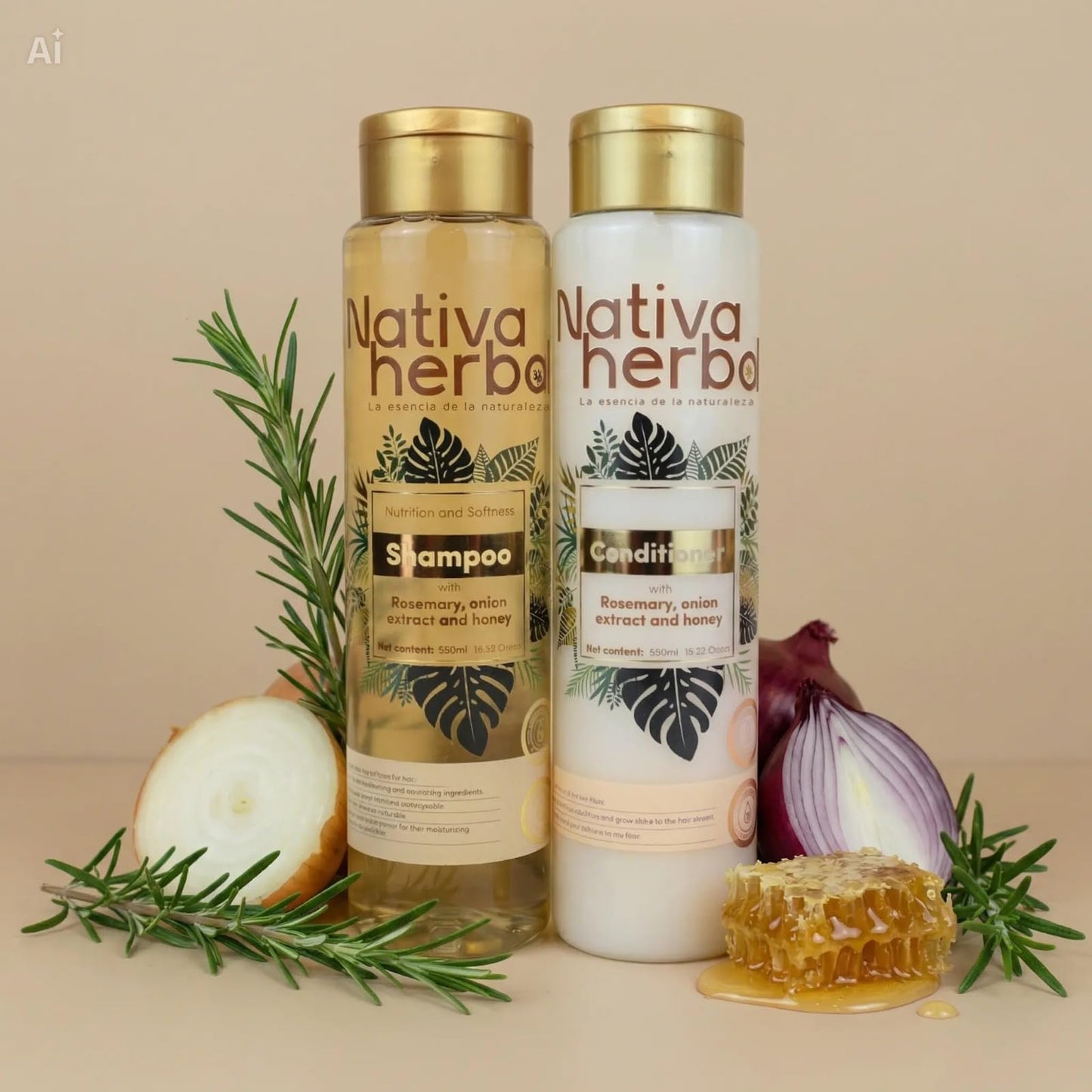 Nativa Herbal Rosemary and Onion Shampoo & Conditioner – Hair Growth and Anti Hair Loss Set, Organic 18.5 fl oz Each, Strengthens Roots, Restores Shine, Paraben Free Natural Hair Care