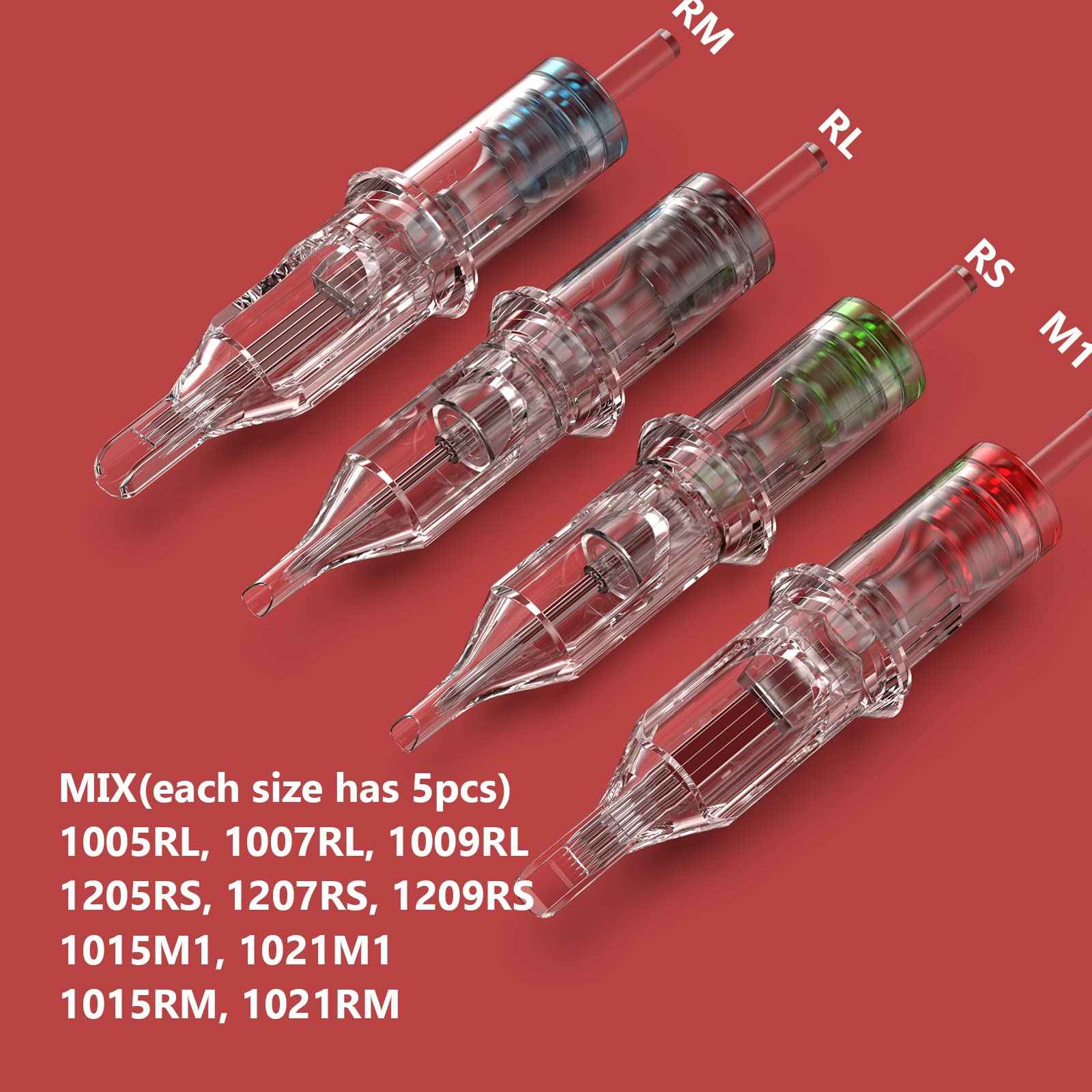 Wormhole Tattoo Cartridge Needles Long Taper 50pcs Assorted Disposable Tattoo Needle Cartridges Mixed 5RL 7RL 9RL 5RS 7RS 9RS 15M1 21M1 15RM 21RM Round Liner Shader Magnum Round Magnum