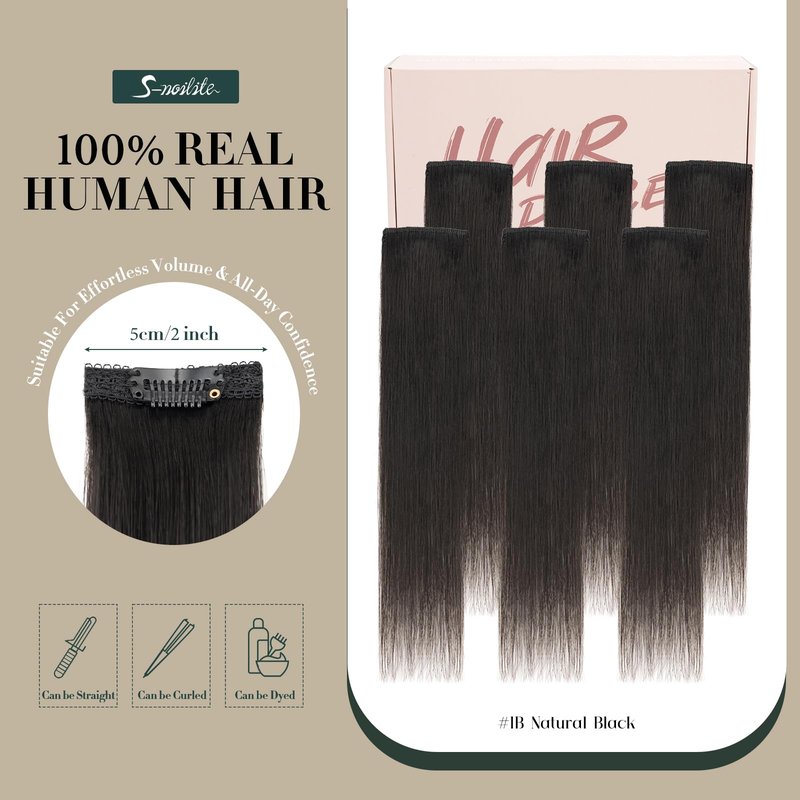 Short Hair Extensions Clip ins,S-noilite Short Clip in Hair Extensions Real Human Hair,Mini Hairpieces for Add Volume and Highlights,6 Pieces 33g 12 inch Natural Black