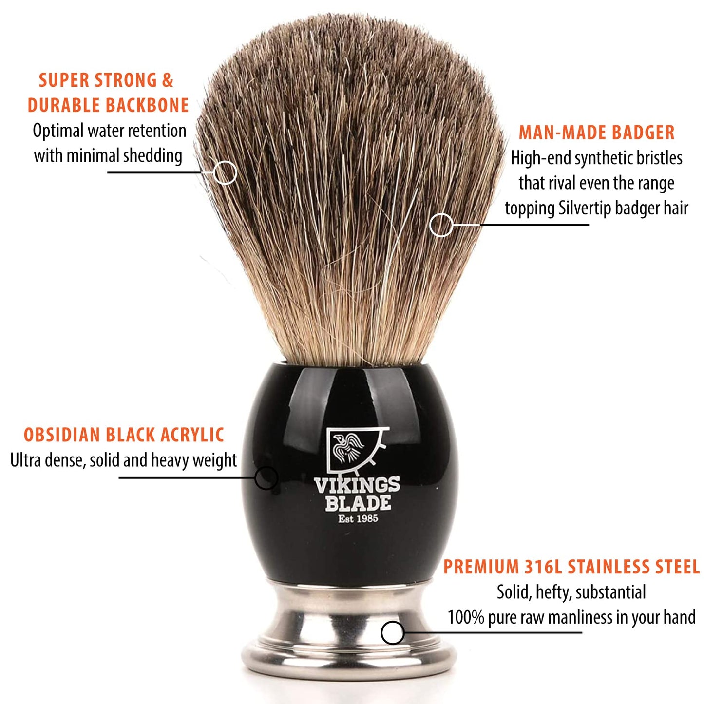 VIKINGS BLADE Luxury Shaving Brush for Men - Ultra Heavy Acrylic & 316L Steel Handle | Dark Stallion Color, Super Strong Knot