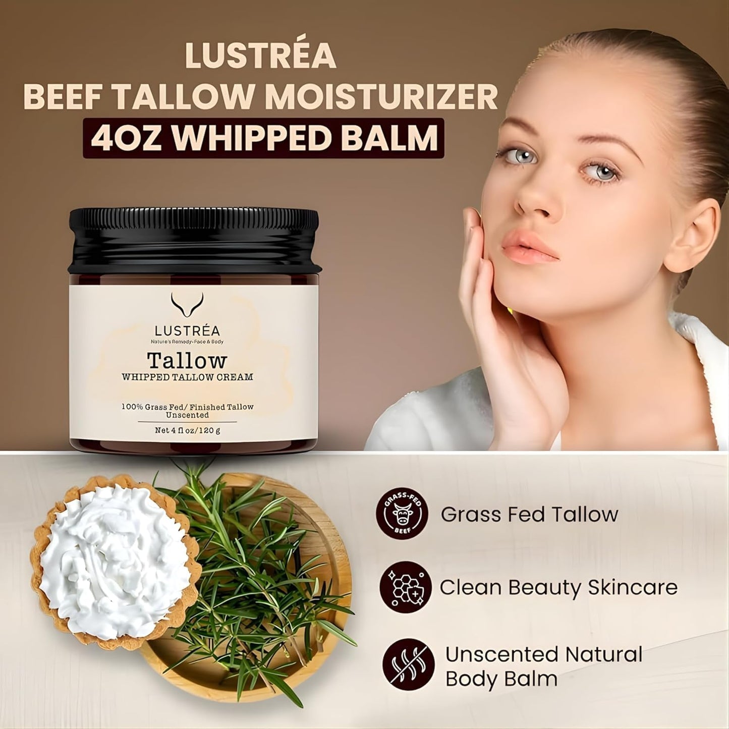 LUSTRÉA Whipped Tallow Cream for Face & Body 4oz (120g) Unscented | Grass Fed Beef Tallow Face Cream | Hydrating Face Cream for Sensitive Skin | Non-Greasy Skin Moisturizer | Multi-Use Body Balm