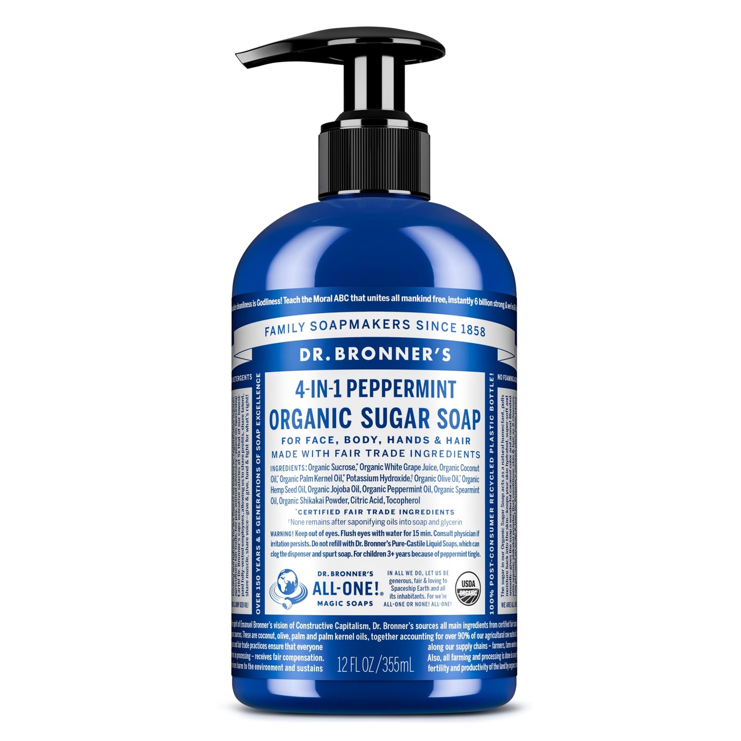 Dr. Bronner's - Organic Sugar Soap (Peppermint, 12 oz) - Made with Organic Oils, Sugar & Shikakai Powder, 4-in-1 Uses: Hands, Body, Face & Hair, Cleanses, Moisturizes & Nourishes, Vegan, Non-GMO