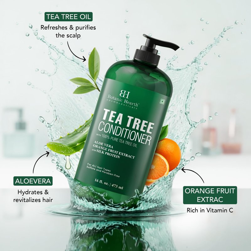 Botanic Hearth Tea Tree Conditioner | For All Hair Types | Fights Dandruff & Dry Scalp | With Vitamin C, Peppermint Oil, Rosemary & Lavender Oil | Sulphate & Paraben Free | 16 Fl Oz