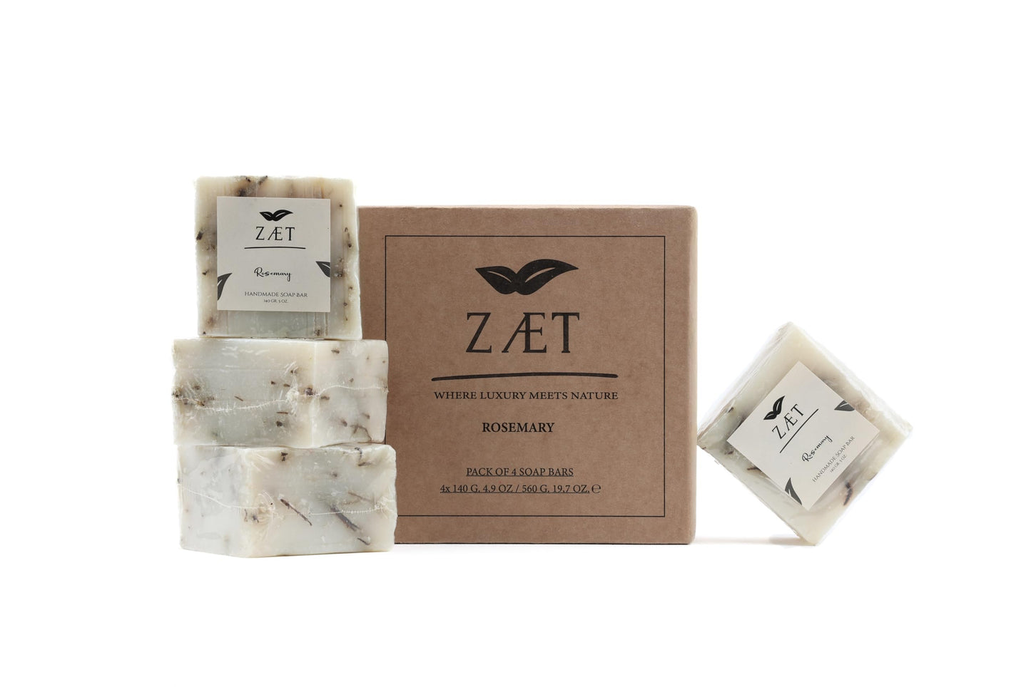 ZÆT 4-Pack Rosemary Bar Soap – Made with Rosemary Leaves, Olive Oil and Coconut Oil - Handmade Soap Bar for Face, Body and Hands - Gently Cleanses and Hydrates All Skin Types- For Men and Women