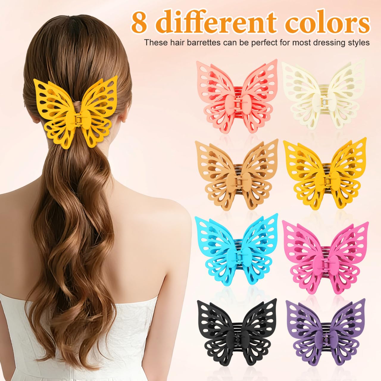 LALADEFIEE Butterfly Hair Clips Set of 8 Large Jaw Clips for Women and Girls Matte Finish Hair Barrettes Strong Hold